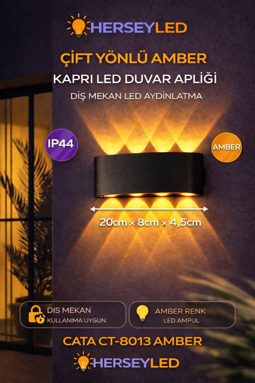 Cata CT-8013 AMBER 15W IP44 Kapri Led Duvar Apliği