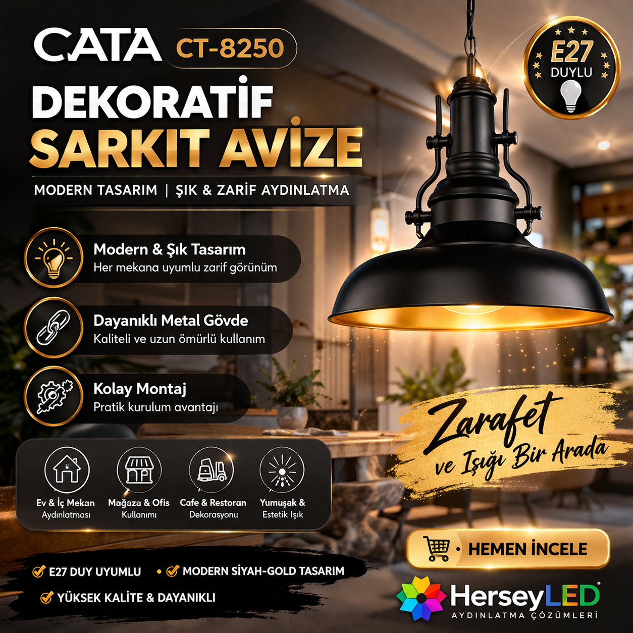 CATA CT-8250Dekoratif Sarkıt Avize – Siyah Gold, E27 Duylu, Modern Tavan Aydınlatması