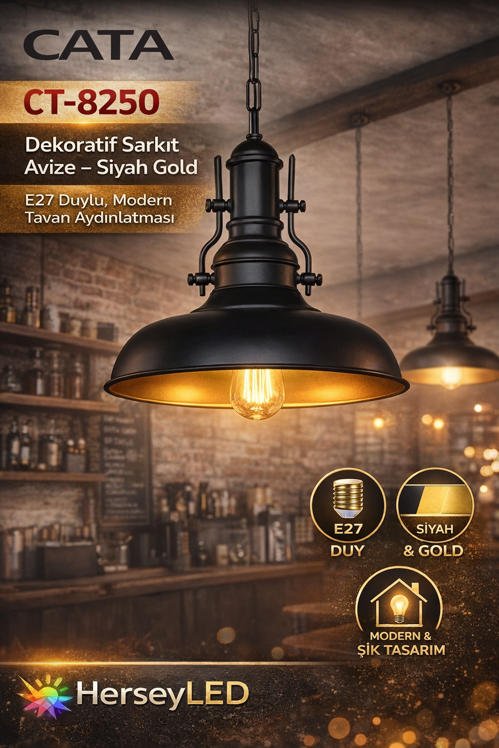 CATA CT-8250Dekoratif Sarkıt Avize – Siyah Gold, E27 Duylu, Modern Tavan Aydınlatması
