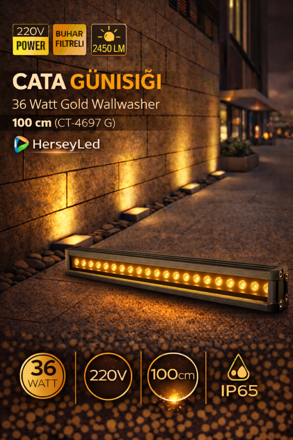 CATA GÜNIŞIĞI 36W Profesyonel Ultra Slim Nem ve Buhar Filtreli Gold Wall Washer 100cm CT-4697