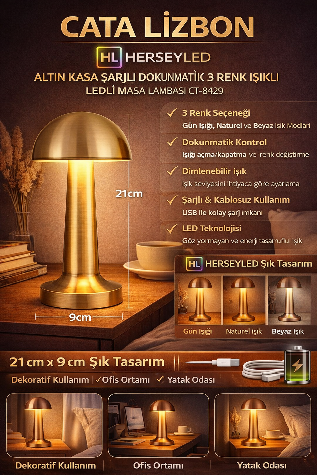 CATA LİZBON ALTIN KASA ŞARJLI DOKUNMATİK 3 RENK IŞIKLI LEDLİ MASA LAMBASI  CT-8429