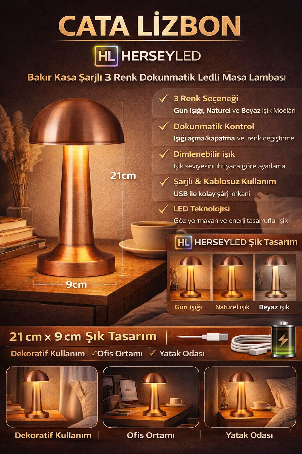 CATA LİZBON BAKIR KASA ŞARJLI 3 RENK DOKUNMATİK LEDLİ MASA LAMBASI CT-8430