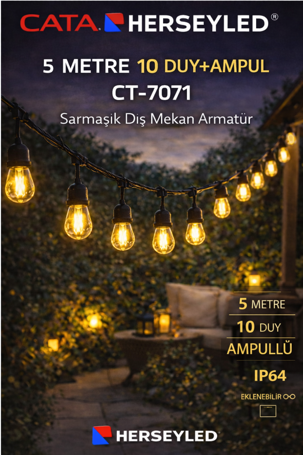 Cata Sarmaşık Dış Mekan Armatür CT-7071 10 Metre 10 Duy ve AMPUL DAHİL