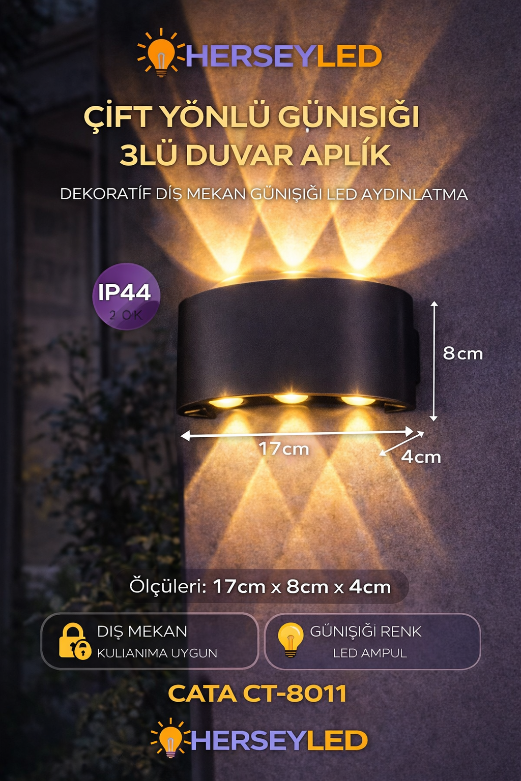 ÇİFT YÖNLÜ GÜNIŞIĞI 3LÜ DUVAR APLİK DEKORATİF DIŞ MEKAN GÜNIŞIĞI LED AYDINLATMA