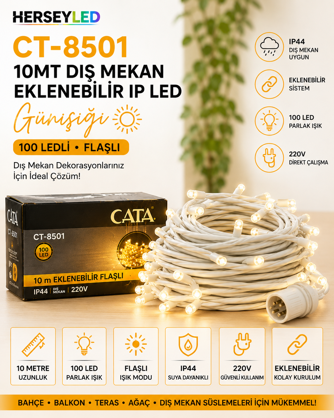 CT-8501 10mt Dış Mekan Eklenebilir ( Günışığı ) ( Flaşlı ) 100 ledli İp Led Cata