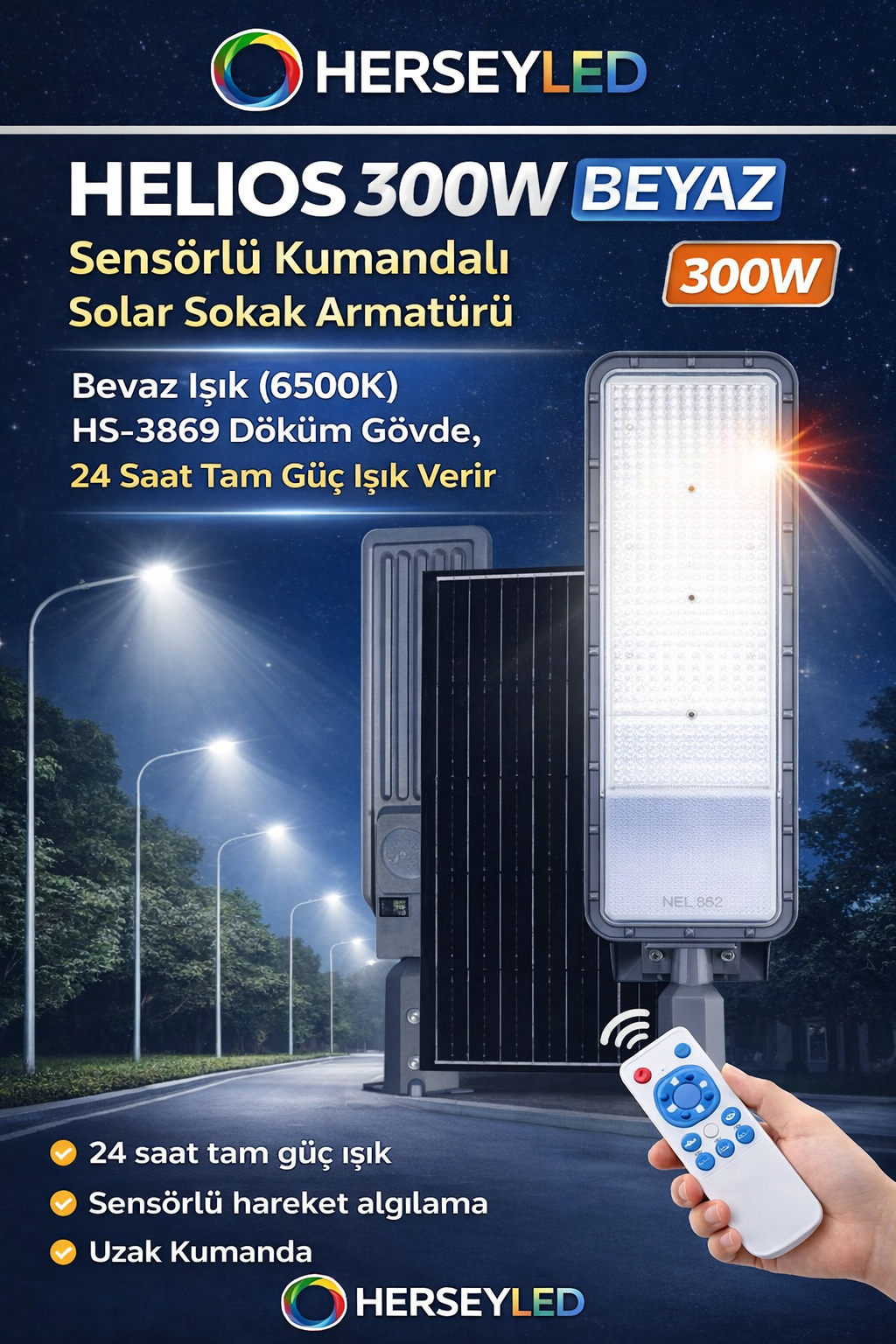 HELIOS  300W BEYAZ  Sensörlü Kumandalı Solar Sokak Armatürü - Beyaz Işık (6500K) HS-3869