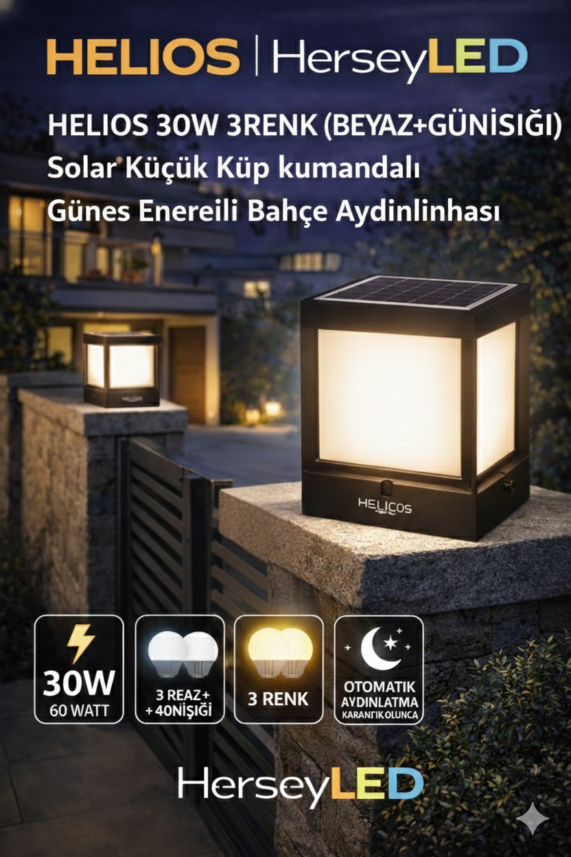 HELIOS 30W 3RENK (BEYAZ+4000K+GÜNIŞIĞI) Solar Küçük Küp kumandalı Güneş Enerjili Bahçe Aydınlatması kumanda ile renk seçimi HS-4008