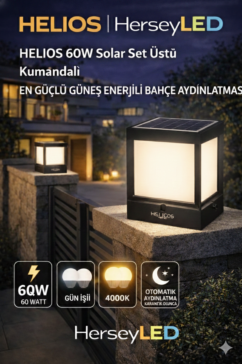 HELİOS 60W SOLAR SET ÜSTÜ KUMANDALI BEYAZ IŞIK GÜNEŞ ENERJİLİ BAHÇE AYDINLATMASI 60w HS-4009