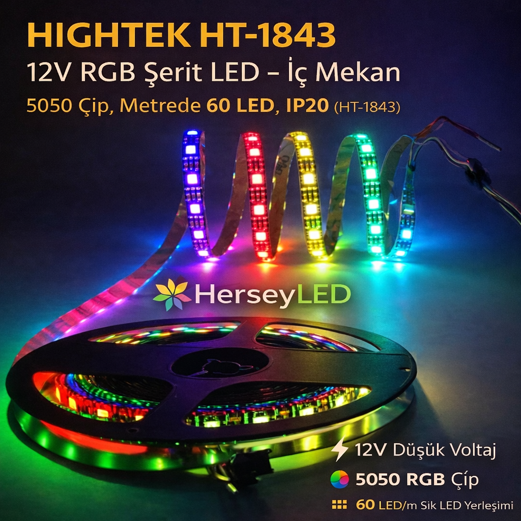 HIGHTEK HT-1843 12V RGB Şerit LED – İç Mekan, 5050 Çip, Metrede 60 LED, IP20