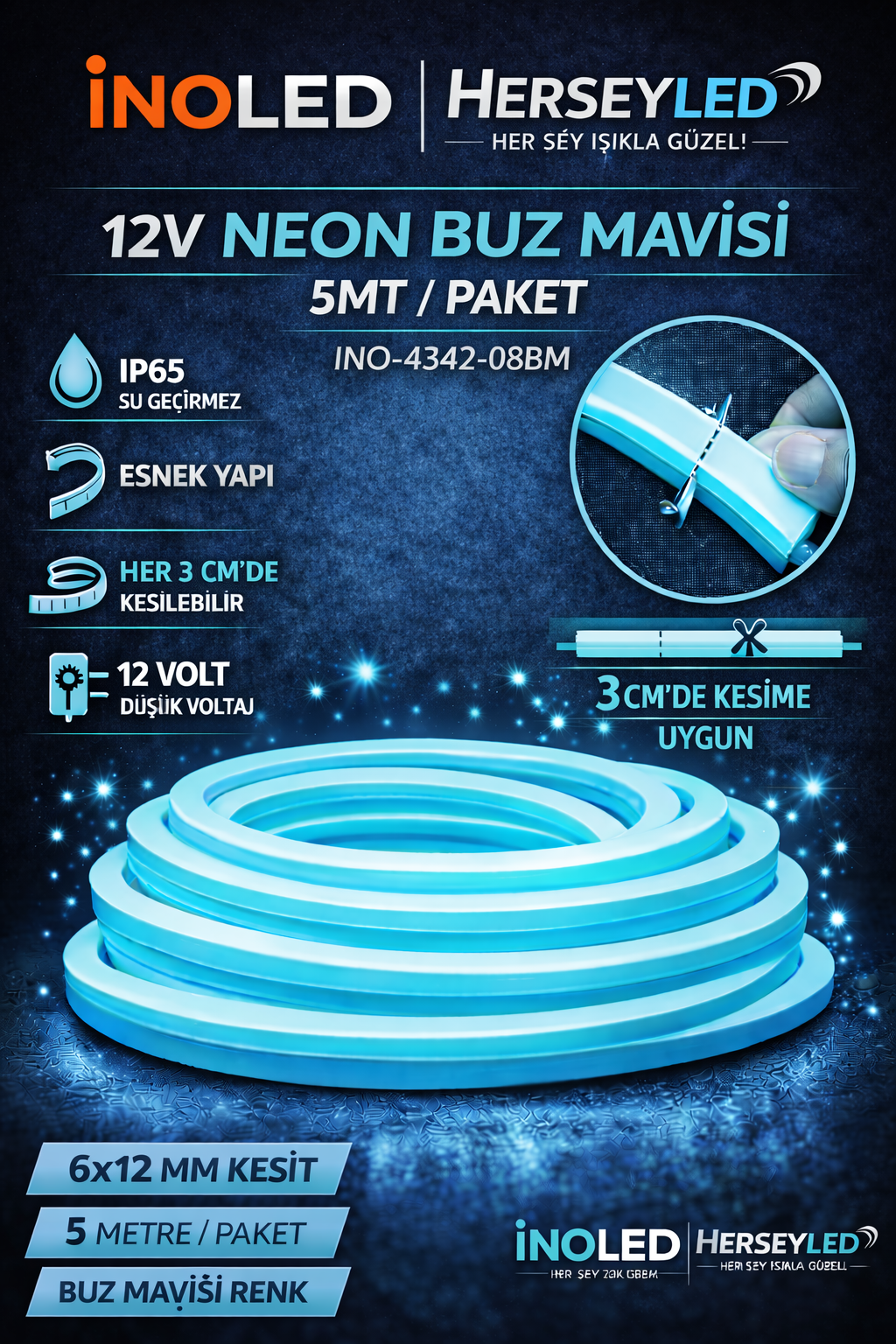İNOLED 12V NEON BUZ MAVİSİ TURKUAZ 5MT / PAKET 6X12MM İNO-4342-08BM