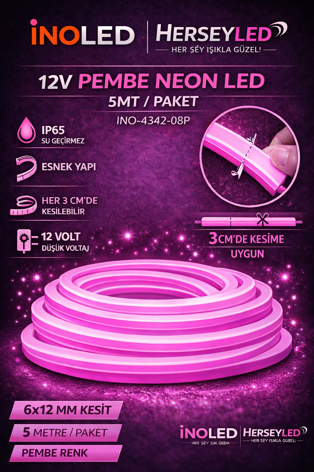 İNOLED 12V NEON PEMBE 5MT / PAKET 6X12MM