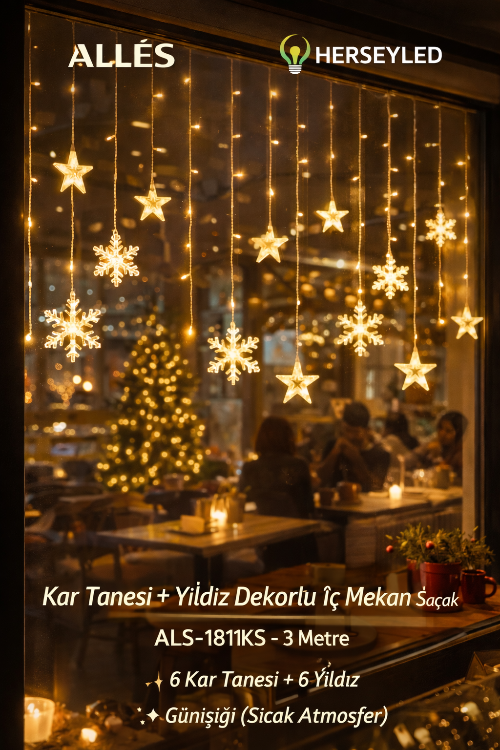 KAR TANESİ VE YILDIZ DEKORLU İÇ MEKAN SAÇAK LED GÜNIŞIĞI FONKSİYONLU ( 3MT GENİŞLİK )