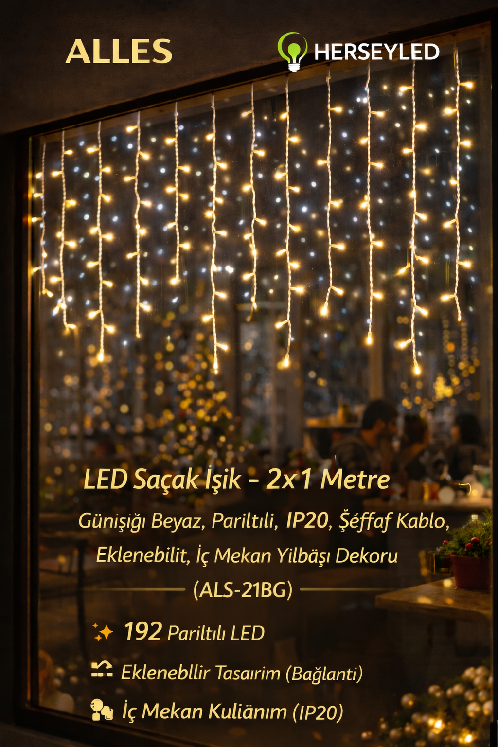 LED Saçak Işık – 2x1 Metre, Günışığı Beyaz, Parıltılı, IP20, Şeffaf Kablo, Eklenebilir, İç Mekan Yılbaşı Dekoru