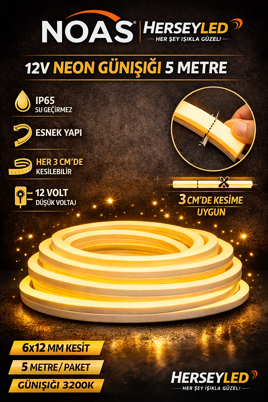 NOAS 12V NEON GÜNIŞIĞI  5MT / PAKET 6x12mm YL42-0122