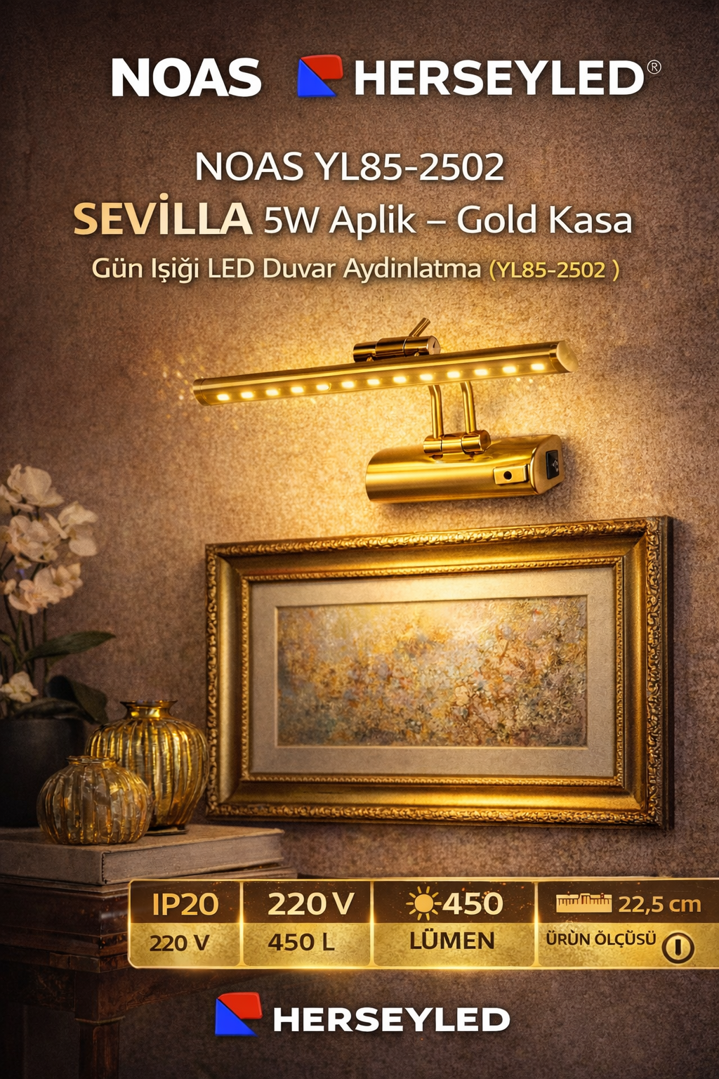 NOAS YL85-2502 SEVİLLA 5W Aplik – Gold Kasa, Gün Işığı LED Duvar Aydınlatma
