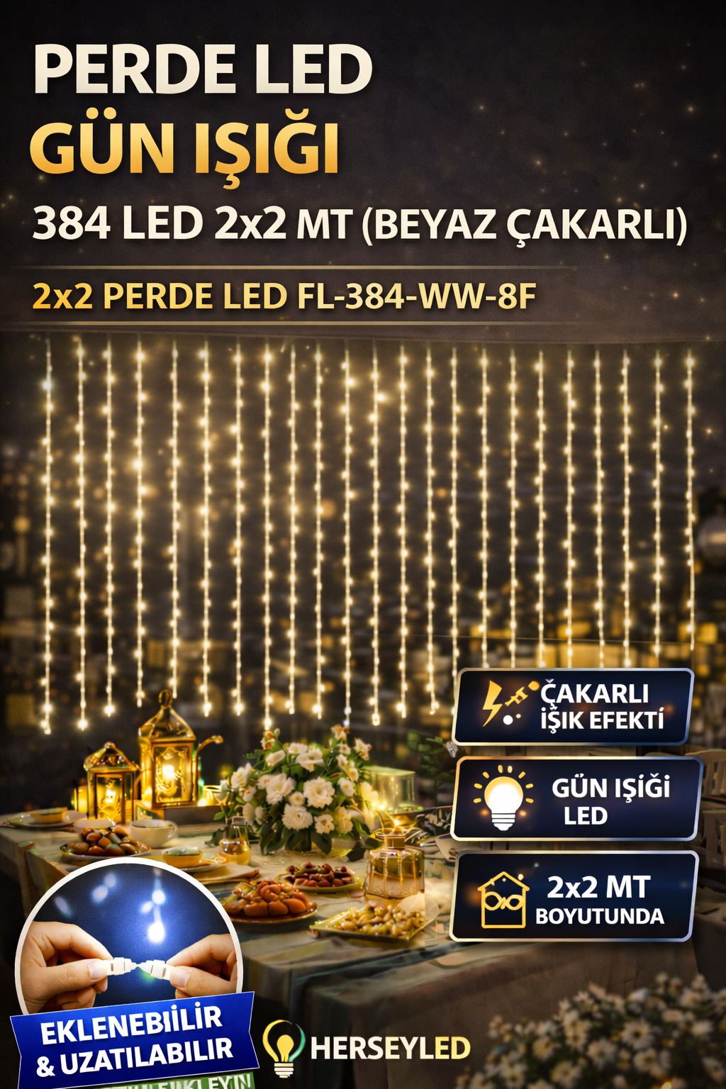 PERDE LED GÜN IŞIĞI 384 LED 2X2 MT ( Beyaz Çakarlı )