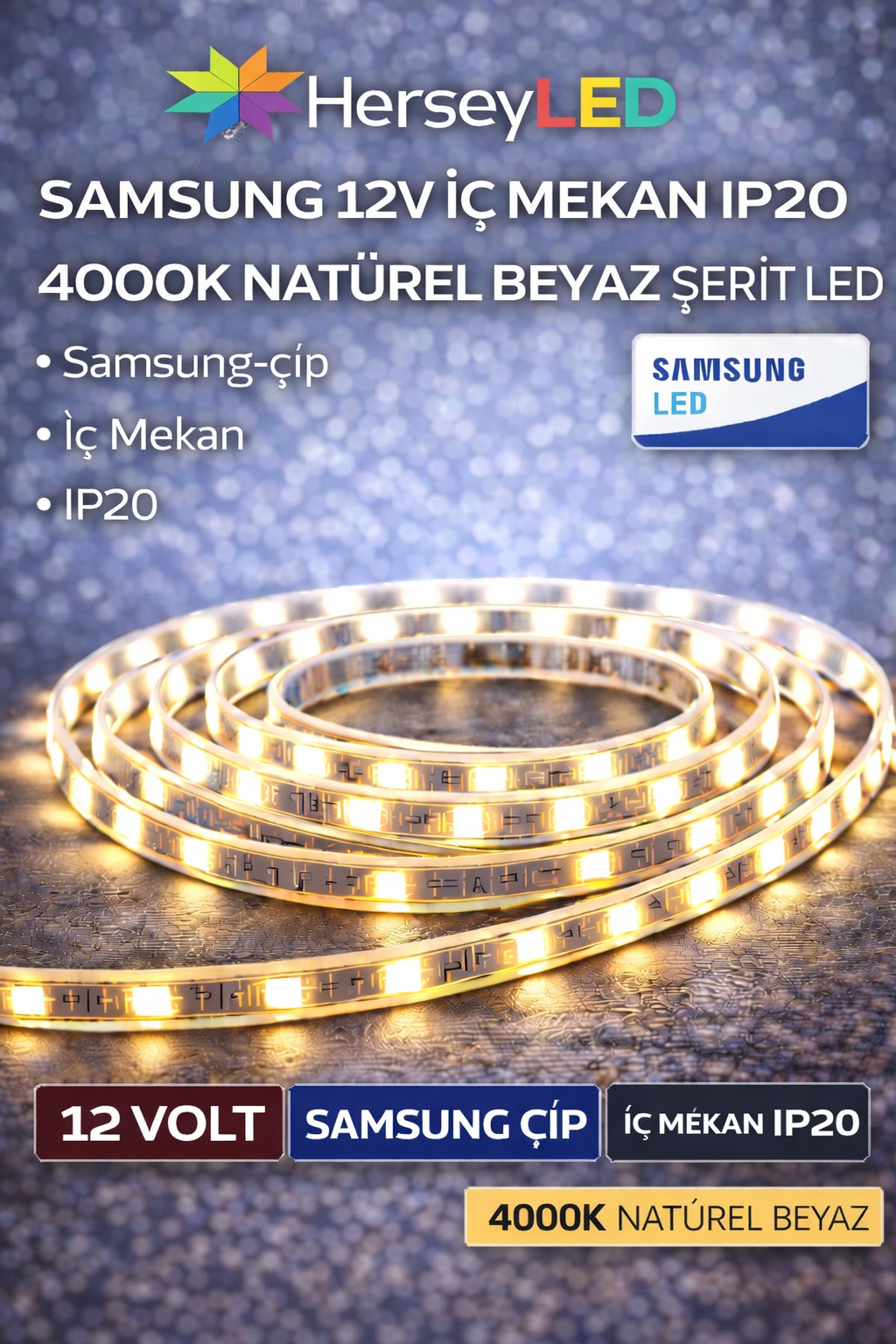 SAMSUNG ŞERİT LED 12V 2835/60 LEDLİ 4000K İÇ MEKAN IP20  ( 5 Metre/ Paket )