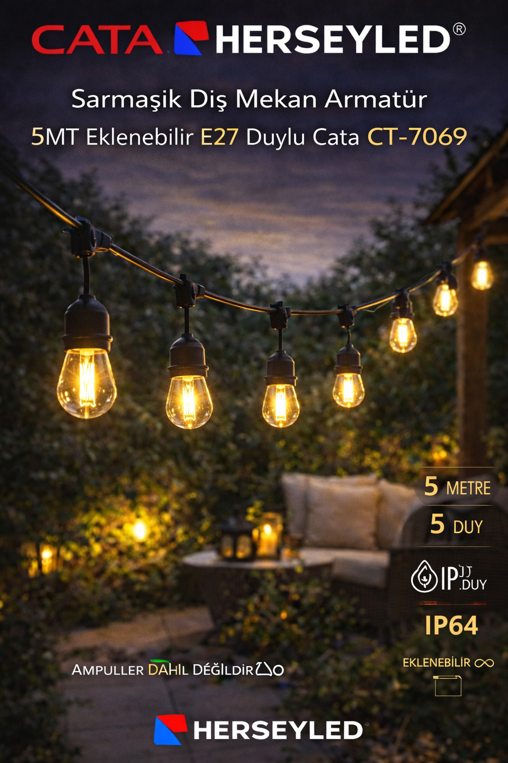 Sarmaşık Dış Mekan Armatür 5MT Eklenebilir E27 Duylu cata ct-7069