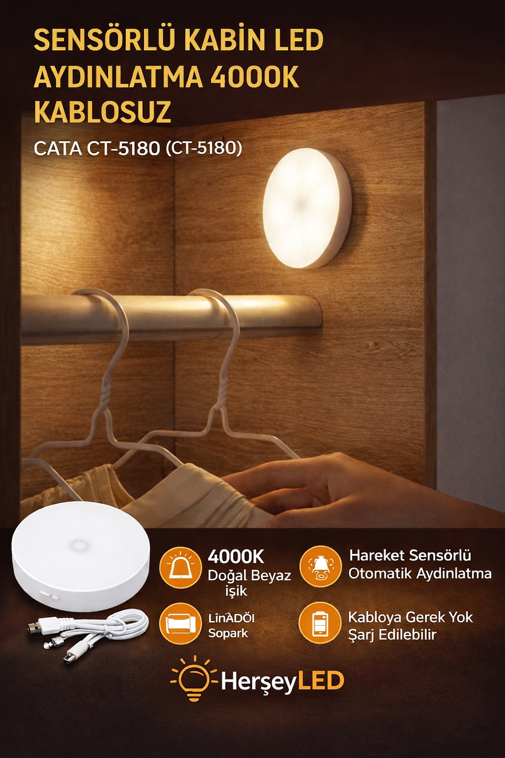 SENSÖRLÜ KABİN LED AYDINLATMA 4000K KABLOSUZ CATA CT-5180