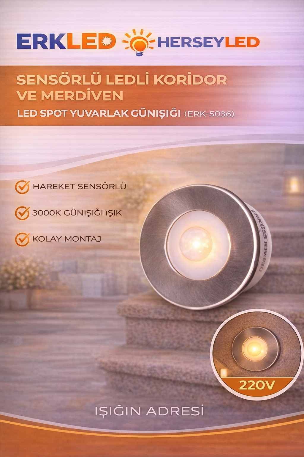 SENSÖRLÜ LEDLİ KORİDOR VE MERDIVEN LED SPOT YUVARLAK GUNISIGI
