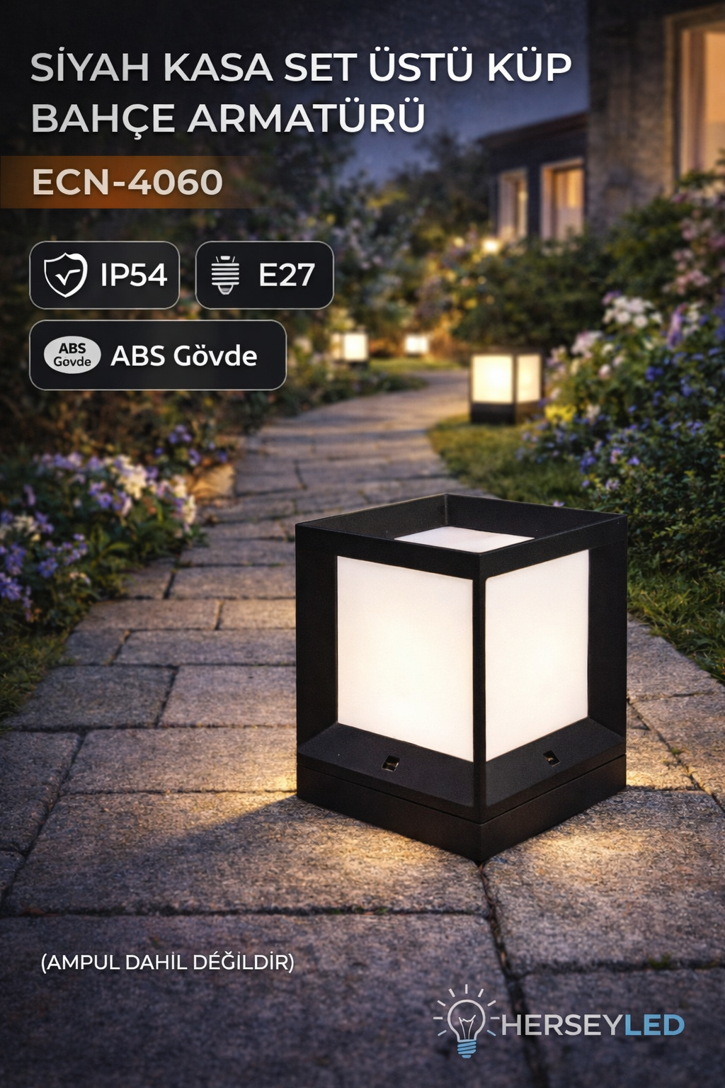 Siyah Kasa Set Üstü Küp Bahçe Armatürü Dış Mekan Aplik E27 DUYLU , IP54 ( ABS GÖVDE )  ECN-4060