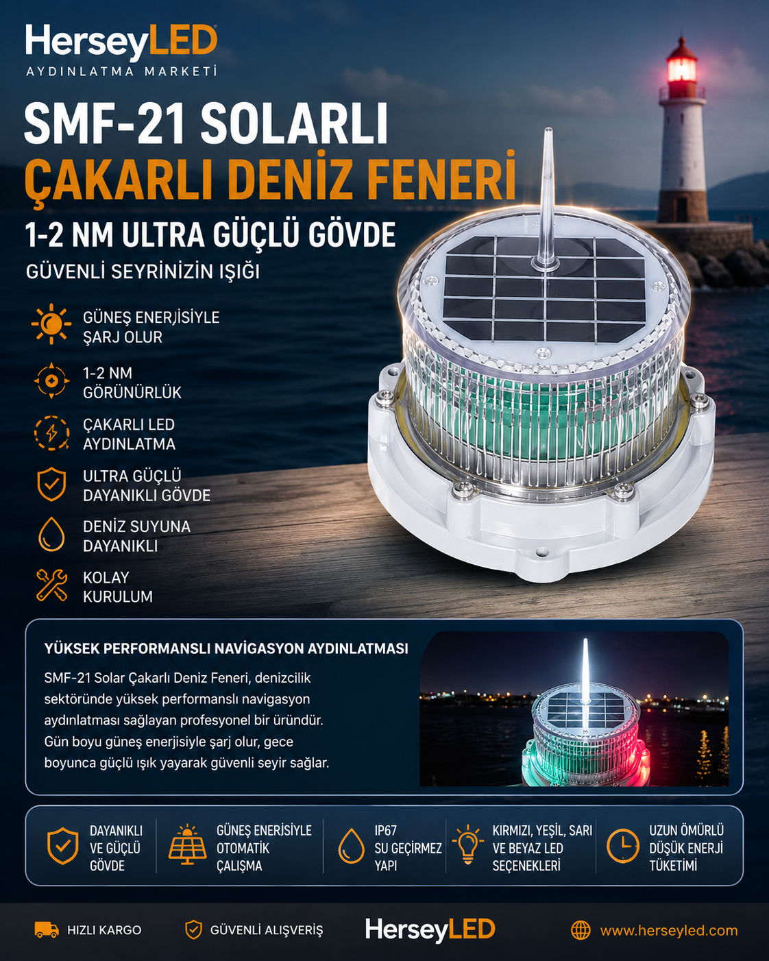 SMF-21 SOLARLI ÇAKARLI DENİZ FENERİ 1-2 NM ULTRA GÜÇLÜ GÖVDE