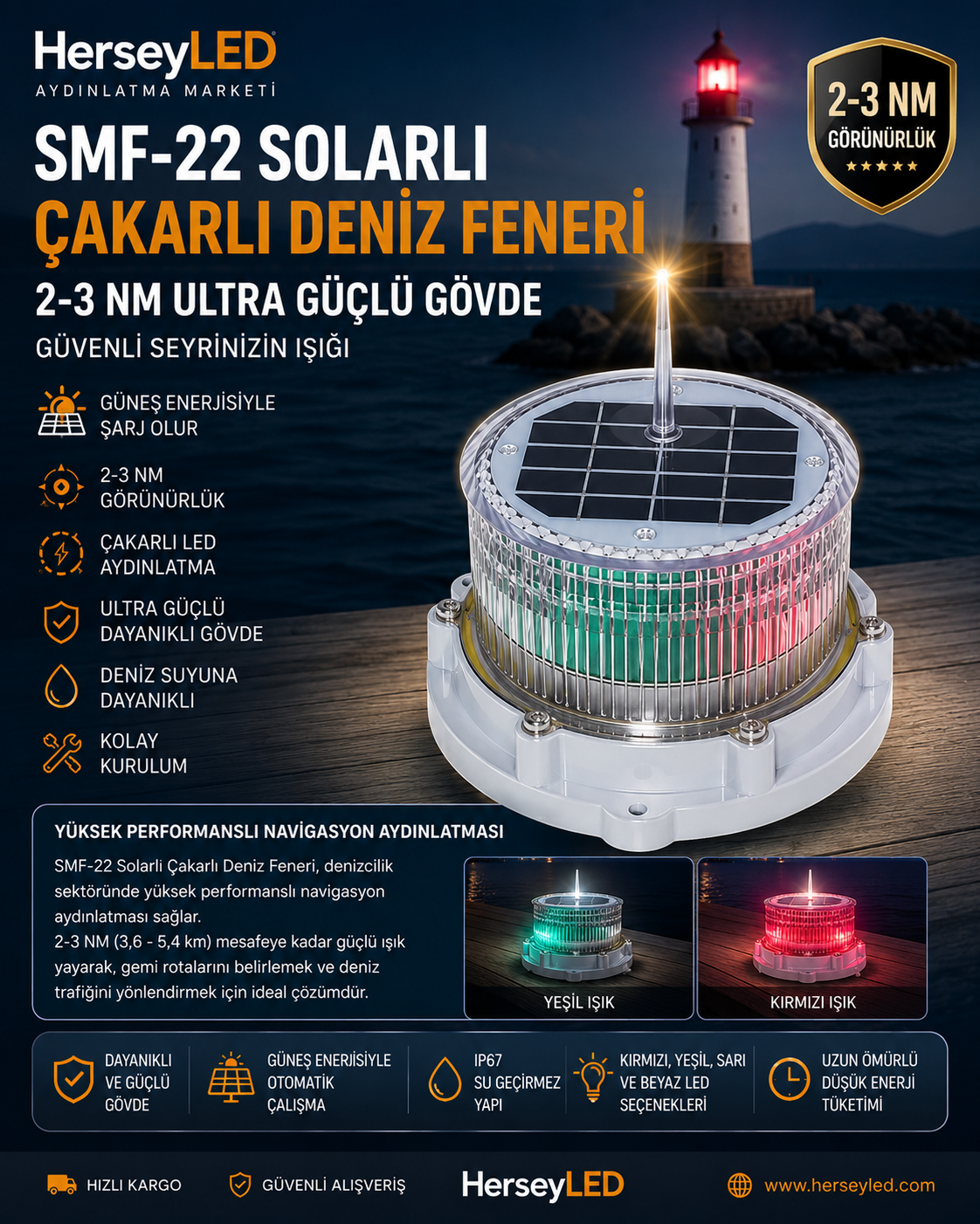 SMF-22 SOLARLI ÇAKARLI DENİZ FENERİ 2-3 NM ULTRA GÜÇLÜ GÖVDE