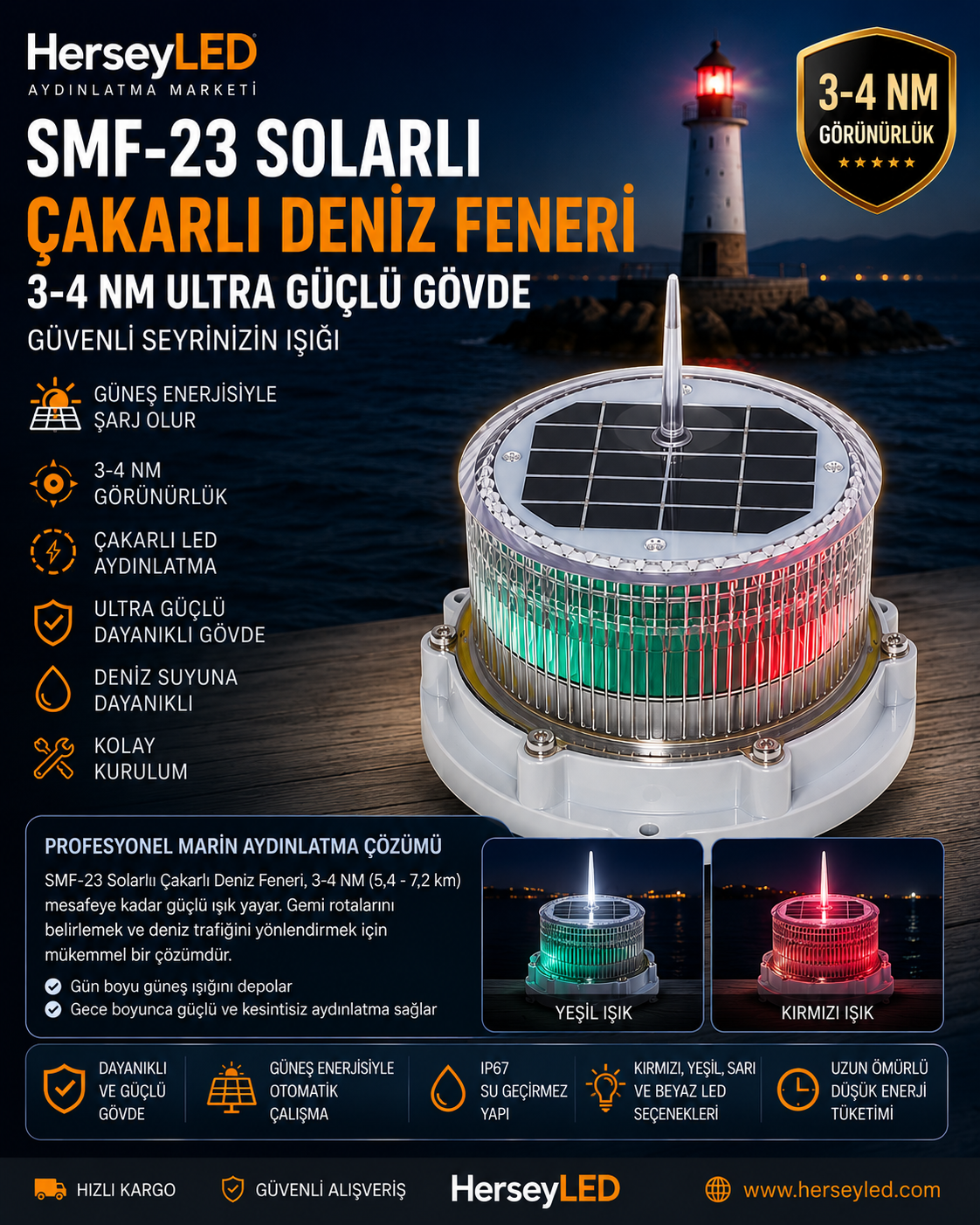 SMF-23 SOLARLI ÇAKARLI DENİZ FENERİ 3-4 NM ULTRA GÜÇLÜ GÖVDE