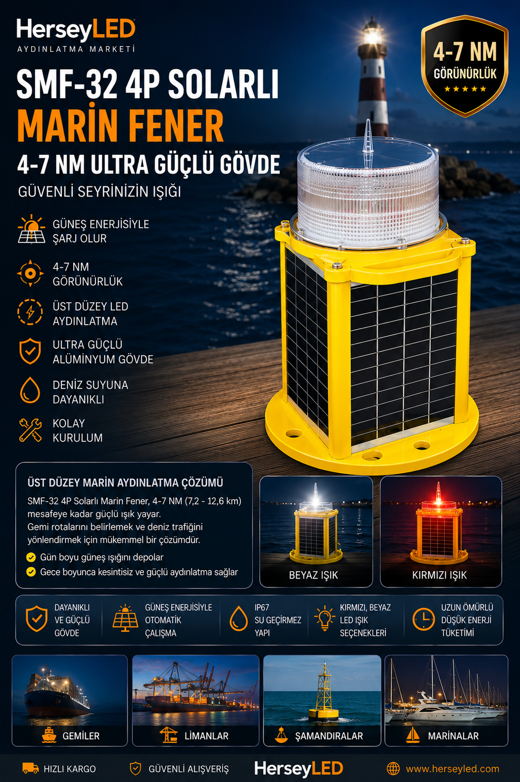 SMF-32 4P SOLARLI MARİN FENER 4-7 NM ULTRA GÜÇLÜ ALİMİNYUM GÖVDE