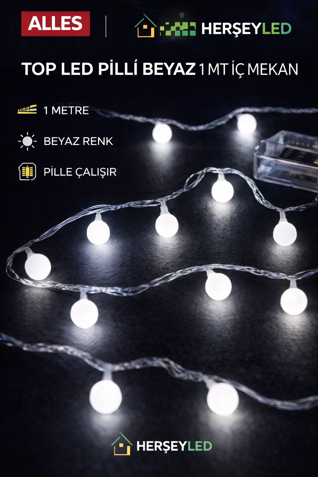 TOP LED PİLLİ BEYAZ 1 MT İÇ MEKAN