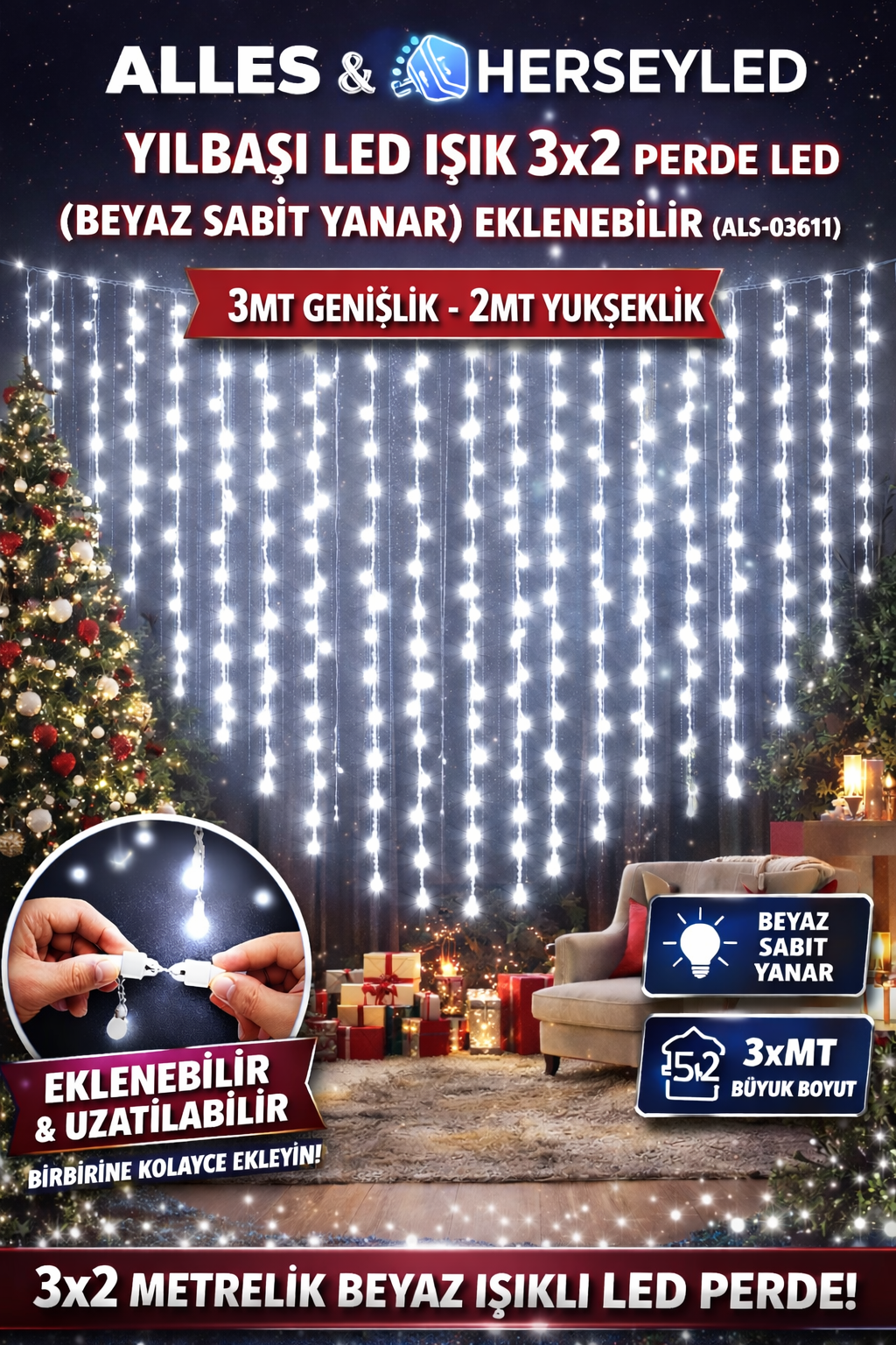 YILBAŞI LED IŞIK 3X2 PERDE LED ( BEYAZ SABİT YANAR )EKLENEBİLİR