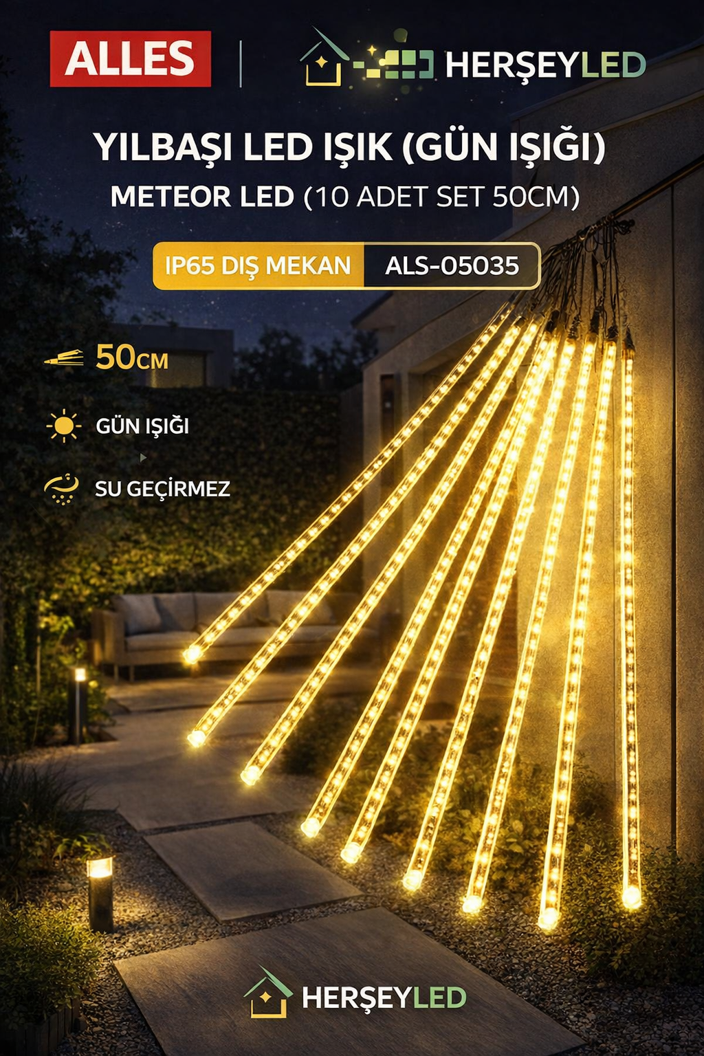 YILBAŞI LED IŞIK ( GÜN IŞIĞI ) METEOR LED ( 10 ADET SET 50CM ) IP65 DIŞ MEKAN