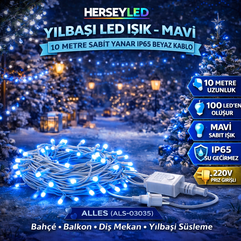 YILBAŞI LED IŞIK İP LED 10 MT MAVİ SABİT IP65 BEYAZ KABLO AL-80