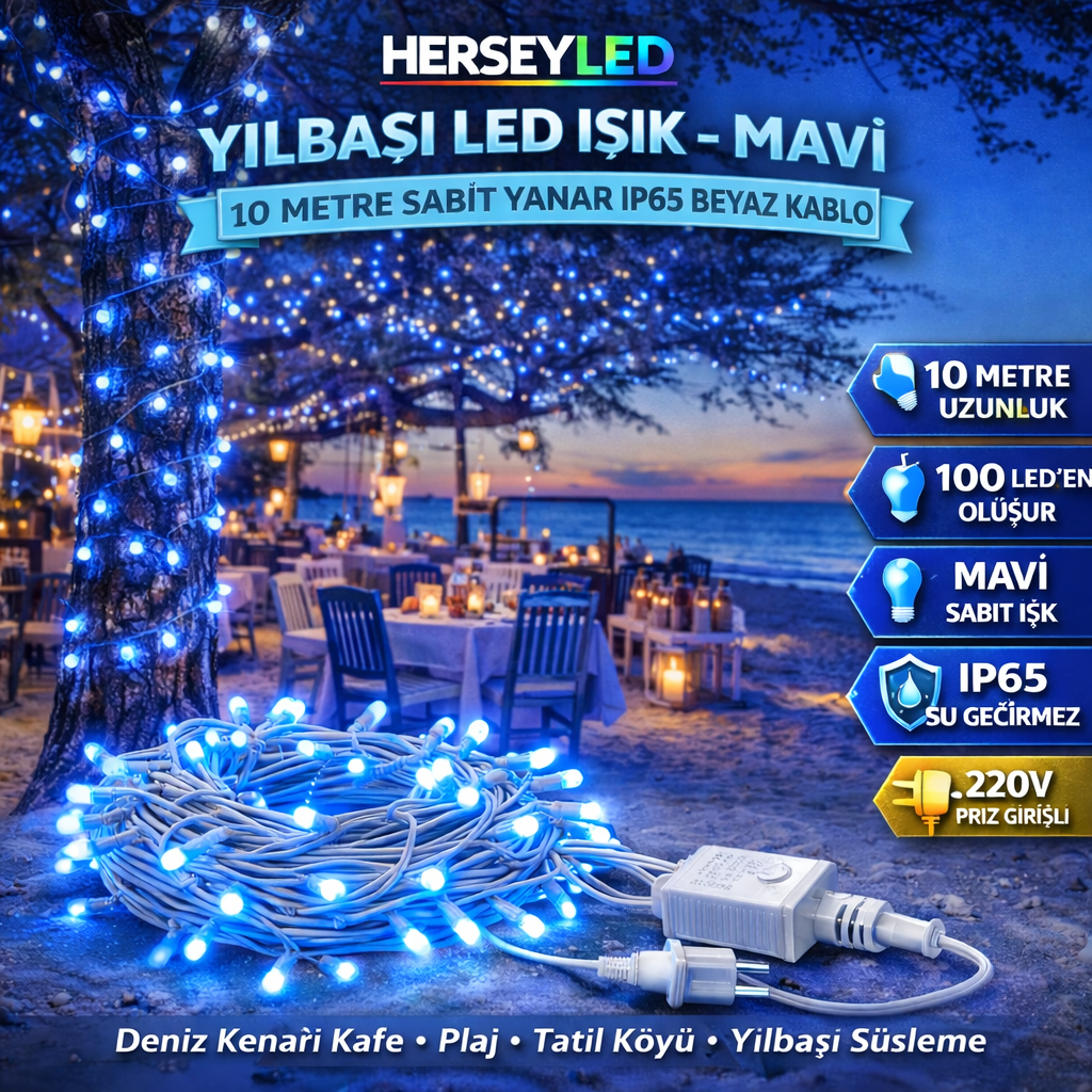 YILBAŞI LED IŞIK İP LED 10 MT MAVİ SABİT IP65 BEYAZ KABLO AL-80