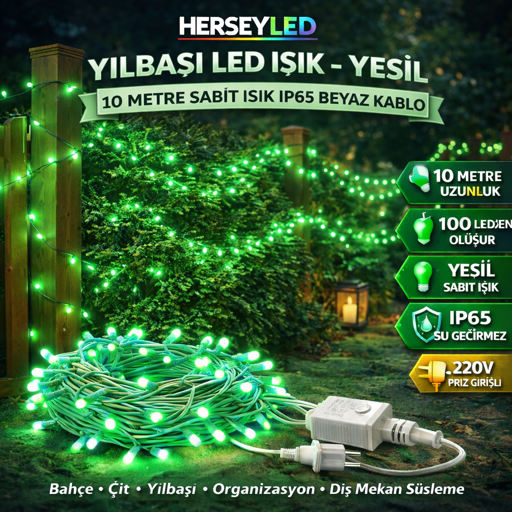 YILBAŞI LED IŞIK İP LED 10 MT YEŞİL SABİT IP65 BEYAZ KABLO AL-80