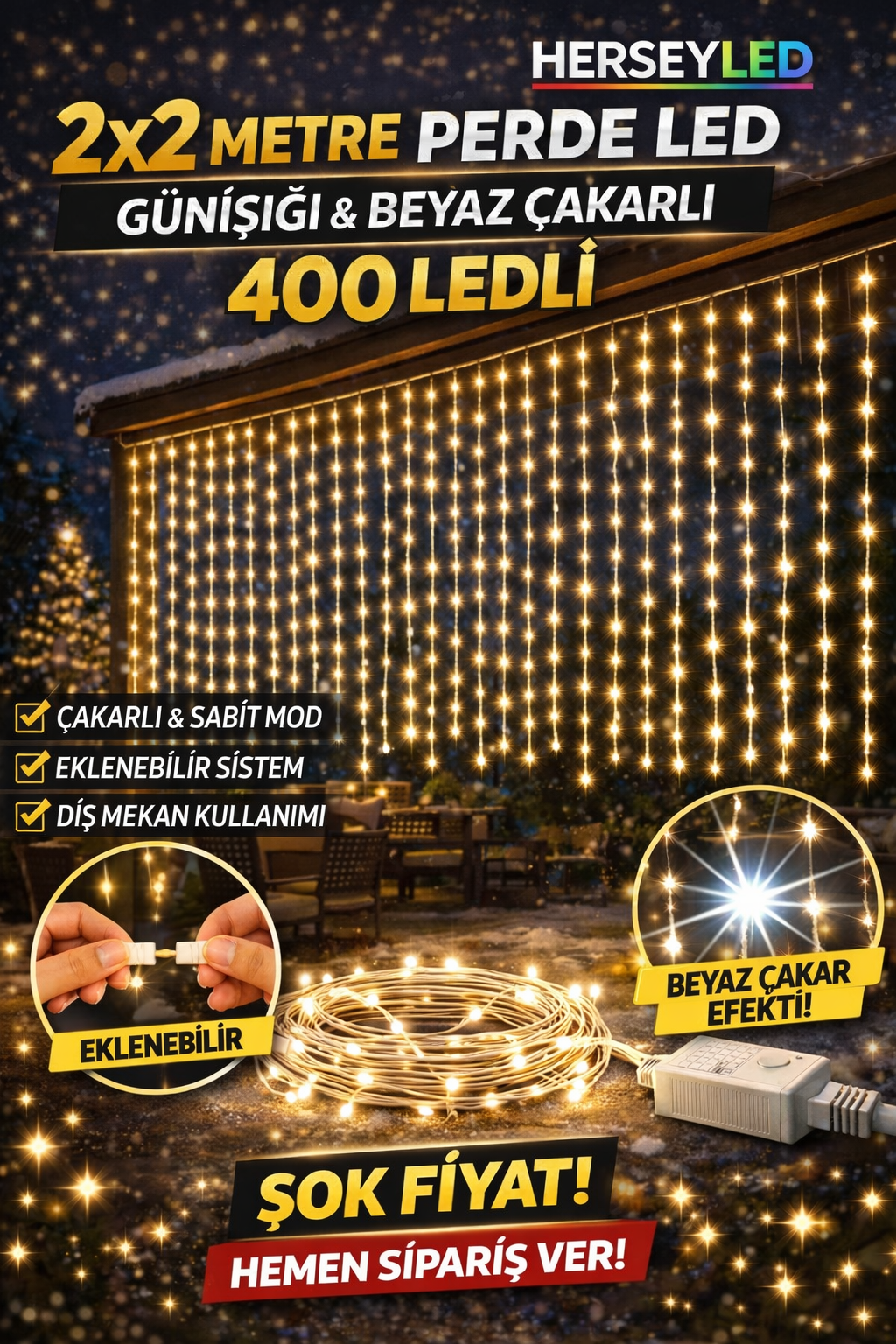 YILBAŞI LED IŞIK PERDE LED 2X2mt GÜNIŞIĞI (BEYAZ ÇAKARLI ) (400 LEDLİ ) EKLENEBİLİR IP65