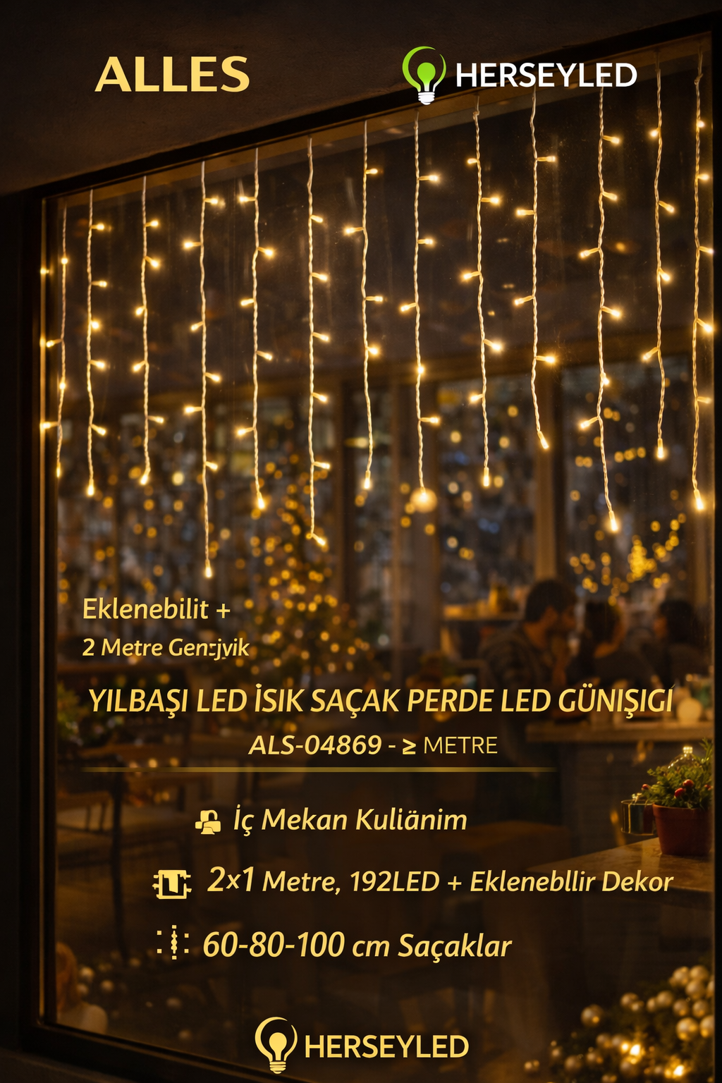 YILBAŞI LED IŞIK SAÇAK PERDE LED GÜNIŞIĞI ( 2X1 MT ) İÇ MEKAN IP44 ( 192 LEDLİ ) EKLENEBİLİR LED DEKOR