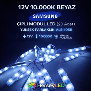12V 10.000K Beyaz Samsung Çipli Modül LED – 20 li  Paket, Yüksek Parlaklık ALS-105B