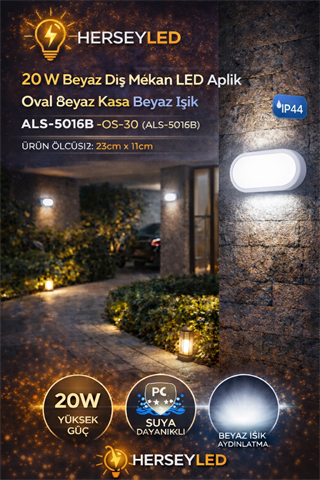 20 W Siyah Dış Mekan LED Aplik Oval BEYAZ Kasa BEYAZ IŞIK ALS-5016B IP44