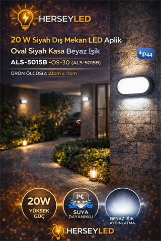20 W Siyah Dış Mekan LED Aplik Oval Siyah Kasa BEYAZ IŞIK ALS-5015B IP44