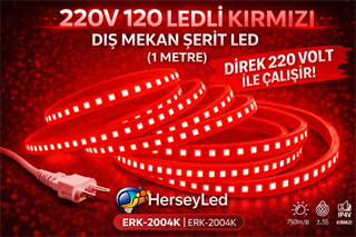 220V 120 LEDLİ KIRMIZI DIŞ MEKAN ŞERİT LED (1 METRE ) ERKLED