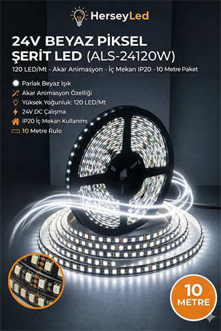 24 Volt BEYAZ Akar Yürüyen Piksel Şerit Led 2835 Çip 120 Led (10 Metre)