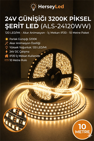 24 Volt GÜNIŞIĞI Akar Yürüyen Piksel Şerit Led 2835 Çip 120 Led (10 Metre)