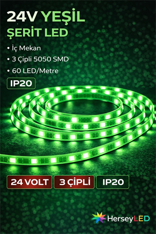 24V Yeşil Şerit LED – İç Mekan, 3 Çipli 5050 SMD, 60 LED/Metre, IP20