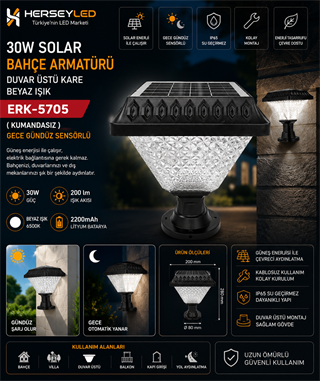 30W SOLAR BAHÇE ARMATÜRÜ BEYAZ IŞIK DUVAR ÜSTÜ KARE ( KUMANDASIZ ) ( GECE GÜNDÜZ SENSÖRLÜ ) ERK-5705