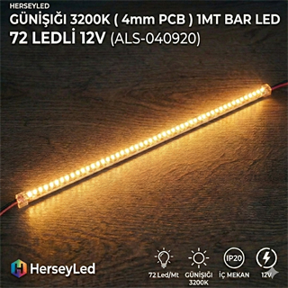 3200k Günışığı 4mm 2835 BAR LED 72 Ledli 12V