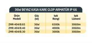 ZMR 36W GÜNIŞIĞI IŞIK - BEYAZ KASA KARE  LEDLİ GLOP ARMATÜR 3000K ZMR-405B.30  IP66