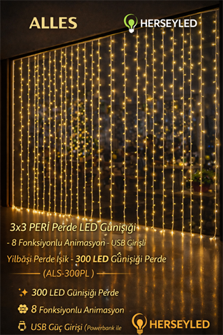 3x3 Perde LED Günışığı - 8 Fonksiyonlu Animasyon - USB Girişli Yılbaşı Perde Işık - 300 LED Günışığı Perde