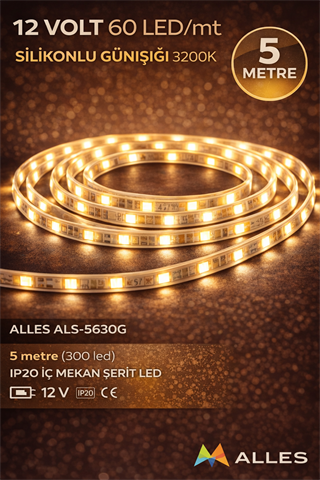 5MT ALLES SİLİKONLU GÜNIŞIĞI ŞERİT LED 12V 5630/60 5 METRE