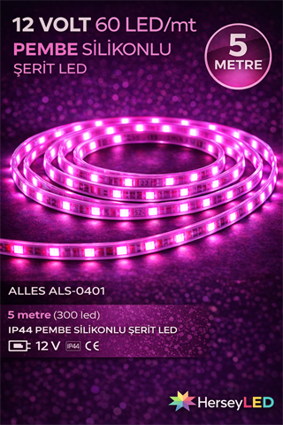 5MT ALLES SİLİKONLU PEMBE ŞERİT LED 5050/60  12V  5 METRE
